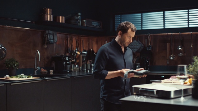 Video Reference: man, kitchen, fish, cooking