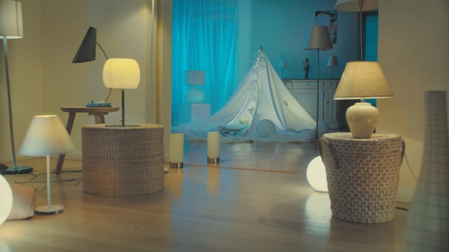 Video Reference: Furniture, Room, Product, Lampshade, Blue, Floor, Property, Interior design, Lighting accessory, Lighting