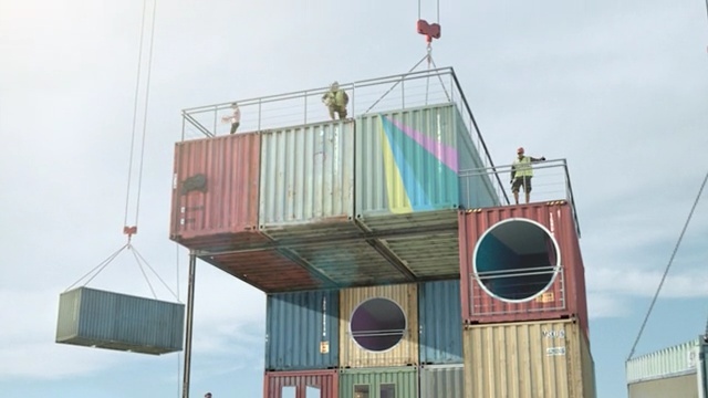 Video Reference: shipping container, facade, building, roof, Person