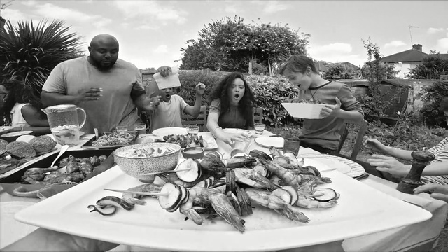 Video Reference: black and white, monochrome photography, monochrome, food, meal, recreation, tree, style, Person