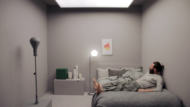 Video Reference: White, Room, Ceiling, Interior design, Wall, Bedroom, Light, Lighting, Furniture, Floor, Person