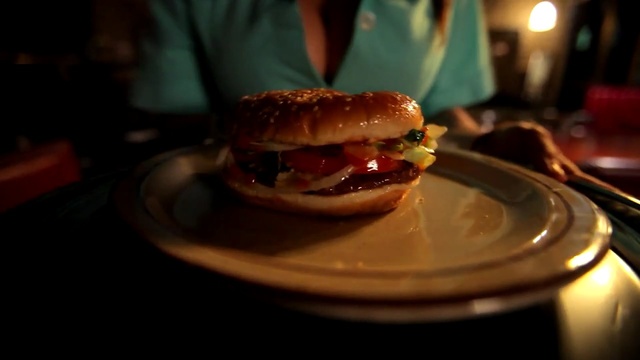 Video Reference: cheeseburger, hamburger, sandwich, meal, dinner, lunch, food, dish, plate, bread