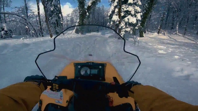 Video Reference: Snowmobile, Vehicle, All-terrain vehicle, Snow, Windshield, Tree, Glass, Motorsport, Automotive window part