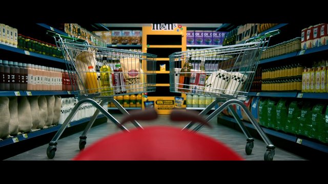 Video Reference: supermarket, grocery store, shopping carts, aisle, groceries, food shelves, retail, interior, consumer, shopping, low angle, packaged food, cart, store aisle