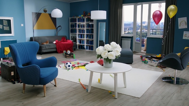 Video Reference: blue, room, interior design, living room, table, furniture, home, chair, house, waiting room