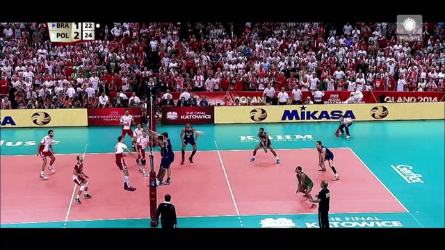 Video Reference: Net sports, Sports, Volleyball, Ball game, Sport venue, Team sport, Tournament, Player, Volleyball player, Sports equipment, Person, Sport, Game, Court, Playing, Holding, Match, Man, Large, Watching, Crowd, People, Front, Standing, Ball, Ready, Woman, Swinging, Group, Water, Walking, Table, Blue, Field, White, Text, Athletic game, Basketball, Stadium
