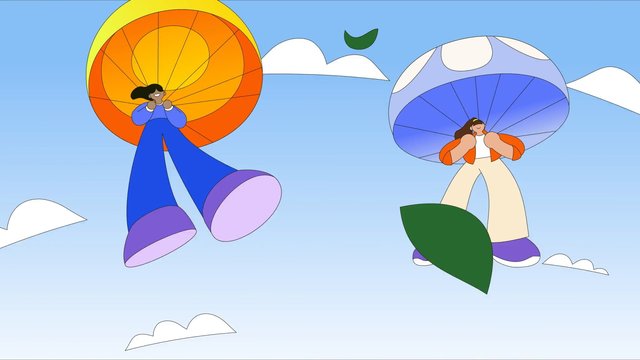 Video Reference: cartoon, animation, sky, clouds, parachute, floating, characters, colorful, illustration, outdoors, fantasy, cute, blue sky, canopy, minimal background