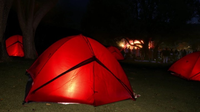Video Reference: Tent, Red, Camping, Light, Lighting, Night, Tints and shades, Recreation, Darkness, Umbrella