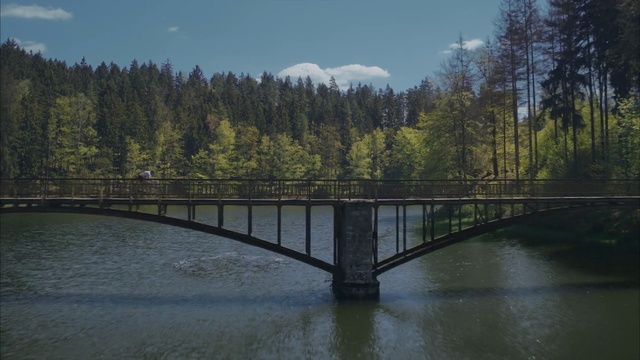 Video Reference: Nature, Bridge, Water, Water resources, Reflection, Natural landscape, River, Tree, Beam bridge, Reservoir, Person, Male
