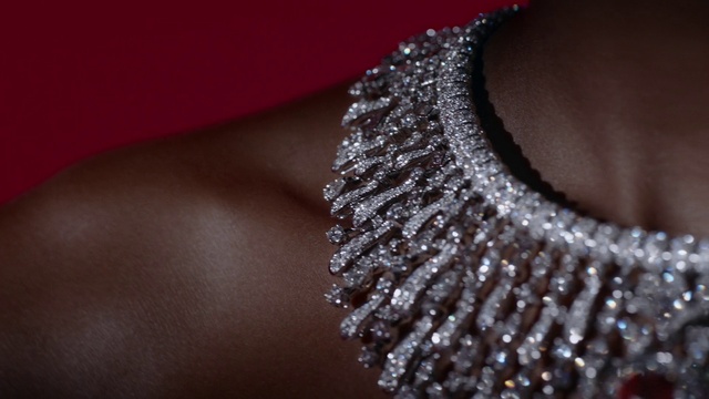 Video Reference: Black, Close-up, Neck, Fashion accessory, Jewellery, Lip, Dress, Textile, Lace, Necklace