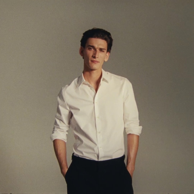 Video Reference: White, Dress shirt, Clothing, Collar, Sleeve, Shirt, Standing, Neck, Arm, Formal wear