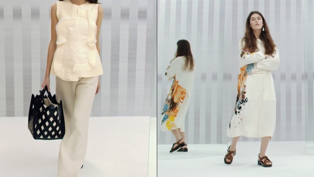 Video Reference: fashion model, catwalk, fashion, runway, shoulder, fashion design, fashion show, shoe, joint, haute couture, Person
