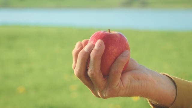 Video Reference: Apple, Hand, Finger, Fruit, Plant, Natural foods, Food, Grass, Gesture, Thumb