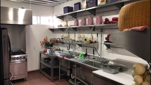 Video Reference: Room, Interior design, Countertop, Furniture, Building, Kitchen, Shelf, Metal, Cabinetry