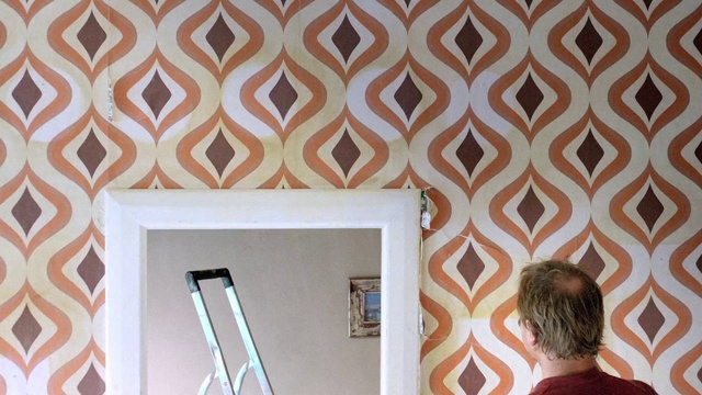 Video Reference: Wall, Wallpaper, Ceiling, Orange, Room, Pattern, Interior design, Architecture, Window, Brick