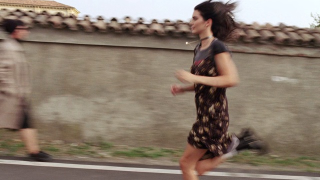 Video Reference: Dress, Running, Fashion, Street fashion, Recreation, Footwear, Leg, Jogging, Long hair, Muscle