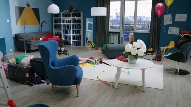 Video Reference: blue, room, interior design, table, furniture, chair, living room, home, house, office, Person