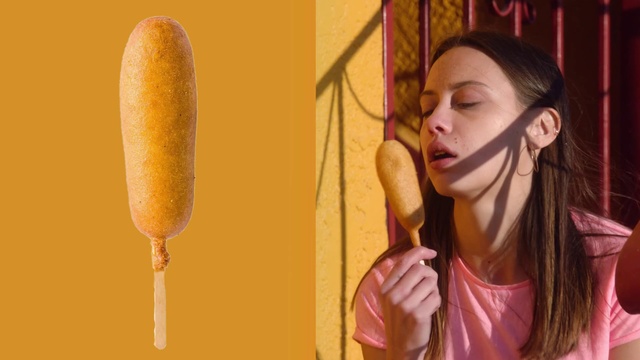 Video Reference: Corn dog, Fast food, Food, Ice pop, Hot dog, American food, Dessert, Finger food, Ice cream bar, Vegetarian food