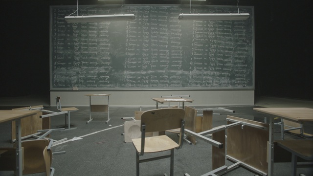 Video Reference: Blackboard, Classroom, Room, Building, Furniture, Architecture, Office supplies, Interior design, Office