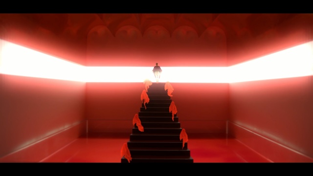 Video Reference: Red, Light, Orange, Lighting, Symmetry, Photography, Room, Architecture, Magenta, Stairs, Person