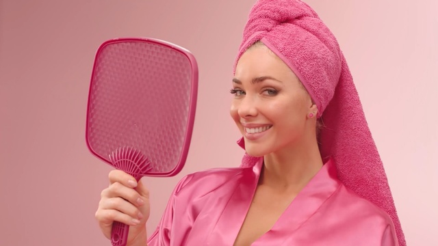 Video Reference: pink, beauty, magenta, headgear, cap, microphone, product, lip, hair coloring, Person