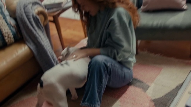Video Reference: Sitting, Leg, Jeans, Hand, Mouth, Thigh, Finger, Long hair, Trousers, Neck