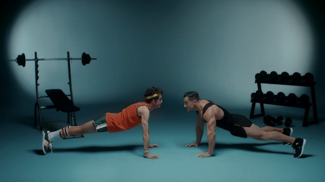 Video Reference: physical fitness, exercise equipment, shoulder, joint, arm, physical exercise, press up, muscle, weights, sport venue, Person