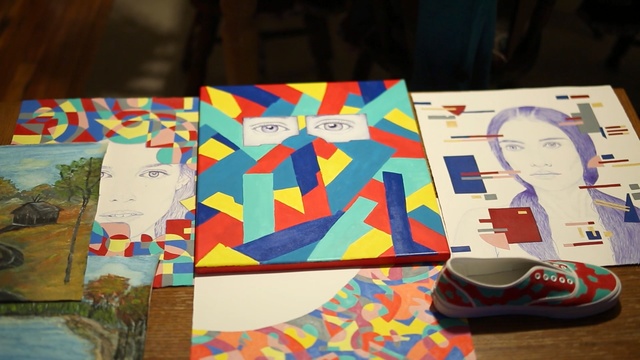 Video Reference: blue, art, design, material, textile, pattern, modern art, play, Person