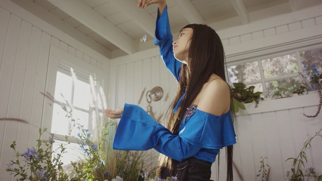 Video Reference: clothing, blue, beauty, girl, shoulder, costume, fun, long hair, trunk, joint