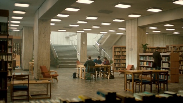 Video Reference: library, public library, organization, daylighting, interior design, building, Person