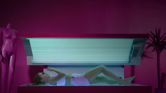 Video Reference: Tanning bed, Pink, Purple, Furniture, Violet, Magenta, Room, Table, Shelf, Rectangle