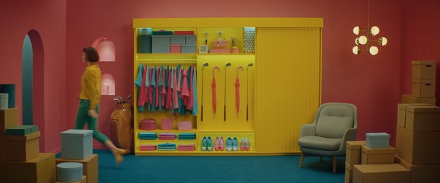 Video Reference: Room, Yellow, Furniture, Shelf, Shelving, Interior design, Textile, Bookcase, Cupboard, Wardrobe