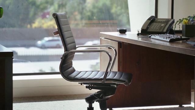 Video Reference: Office chair, Furniture, Chair, Desk, Armrest, Material property, Table, Office, Computer desk, Auto part
