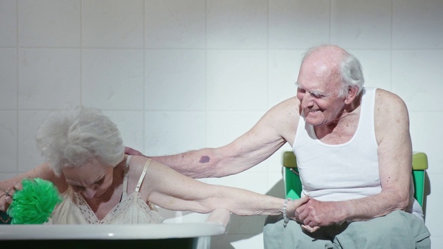 Video Reference: Bathing, Skin, Arm, Grandparent, Hand, Leg, Muscle, Chest, Ear