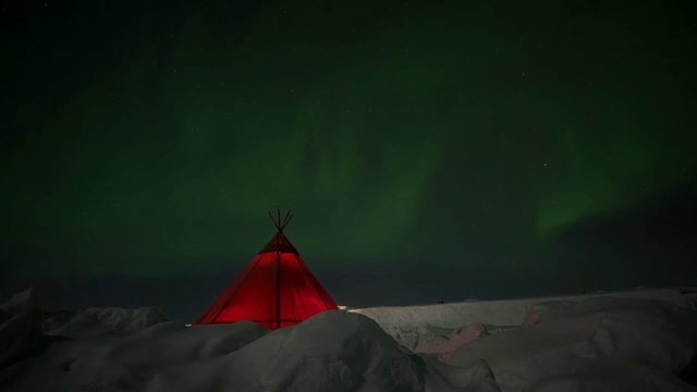 Video Reference: Red, Sky, Green, Aurora, Tent, Night, Cloud, Triangle, Darkness, Geological phenomenon