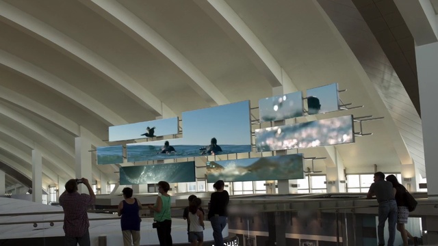 Video Reference: architecture, tourist attraction, structure, ceiling, daylighting, airport terminal, building, interior design, Person