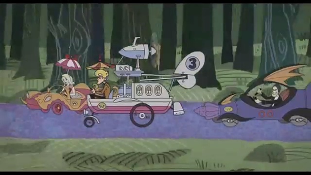 Video Reference: cartoon, green, mode of transport, art, illustration, fiction, fictional character, mural, painting, recreation, Person