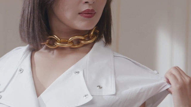Video Reference: Hair, White, Neck, Collar, Necklace, Lip, Fashion accessory, Outerwear, Blouse, Shirt