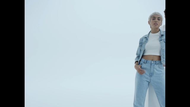 Video Reference: blue, clothing, white, photograph, standing, jeans, beauty, denim, sitting, shoulder, Person