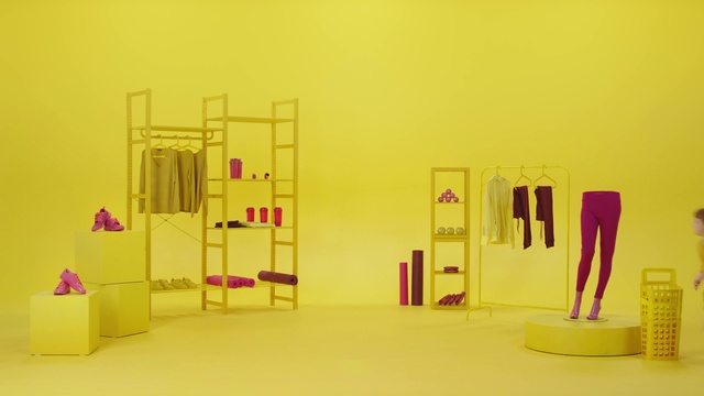 Video Reference: Yellow, Pink, Room, Line, Visual arts, Design, Art, Furniture, Material property, Modern art