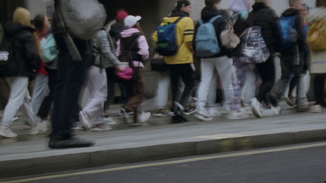 Video Reference: Footwear, Luggage and bags, Road, Jacket, Sidewalk, Recreation, Event, Bag, Pedestrian, Boot