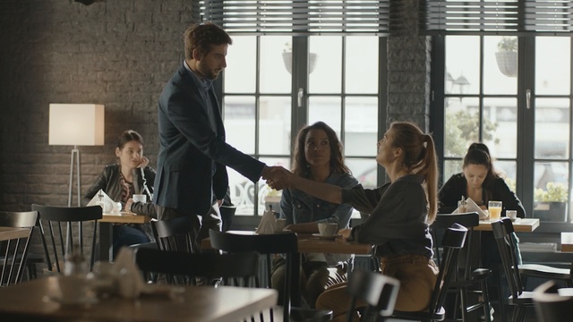Video Reference: Restaurant, Event, Conversation, Business, Room, White-collar worker, Table, Interior design, Brunch, Person