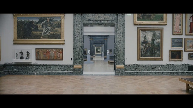 Video Reference: tourist attraction, museum, art gallery, wall, floor, estate, home, flooring, art, interior design, Person