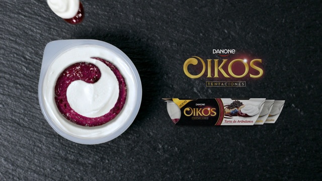 Video Reference: yogurt, packshot, pack, pack shot, title,  logo, danone, table top, black background, dark background, texture, jam, Person