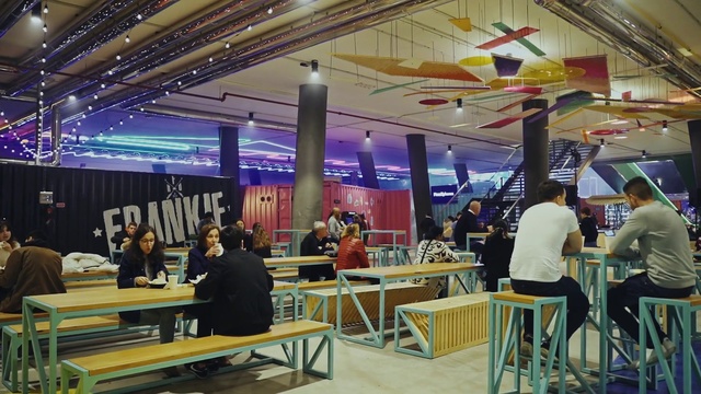 Video Reference: Food court, Restaurant, Building, Cafeteria, Café, Fast food restaurant, Interior design, Coffeehouse, Diner