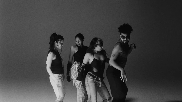 Video Reference: Jeans, Arm, Shoulder, Flash photography, Gesture, Happy, Grey, Style, Black-and-white, Elbow