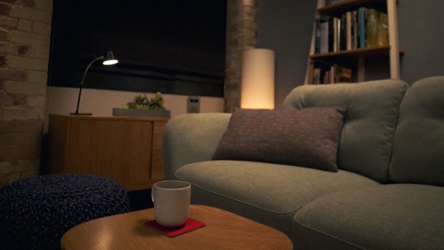 Video Reference: room, furniture, couch, living room, interior design, lighting, table, chair, home, light fixture, Person