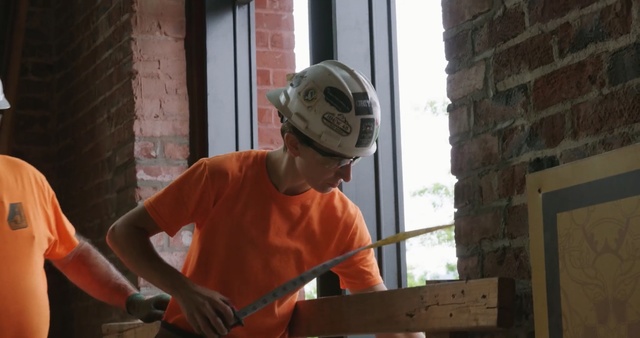 Video Reference: Personal protective equipment, Helmet, Brickwork, Headgear, Brick, Wood, Construction worker, Blue-collar worker, Window, Art, Person