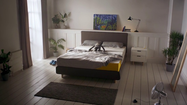 Video Reference: Bedroom, Bed, Furniture, Room, Bed frame, Floor, Property, Mattress, Interior design, Box-spring