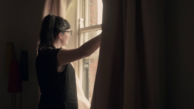 Video Reference: Curtain, Black, Window treatment, Interior design, Light, Shoulder, Beauty, Lady, Standing, Window